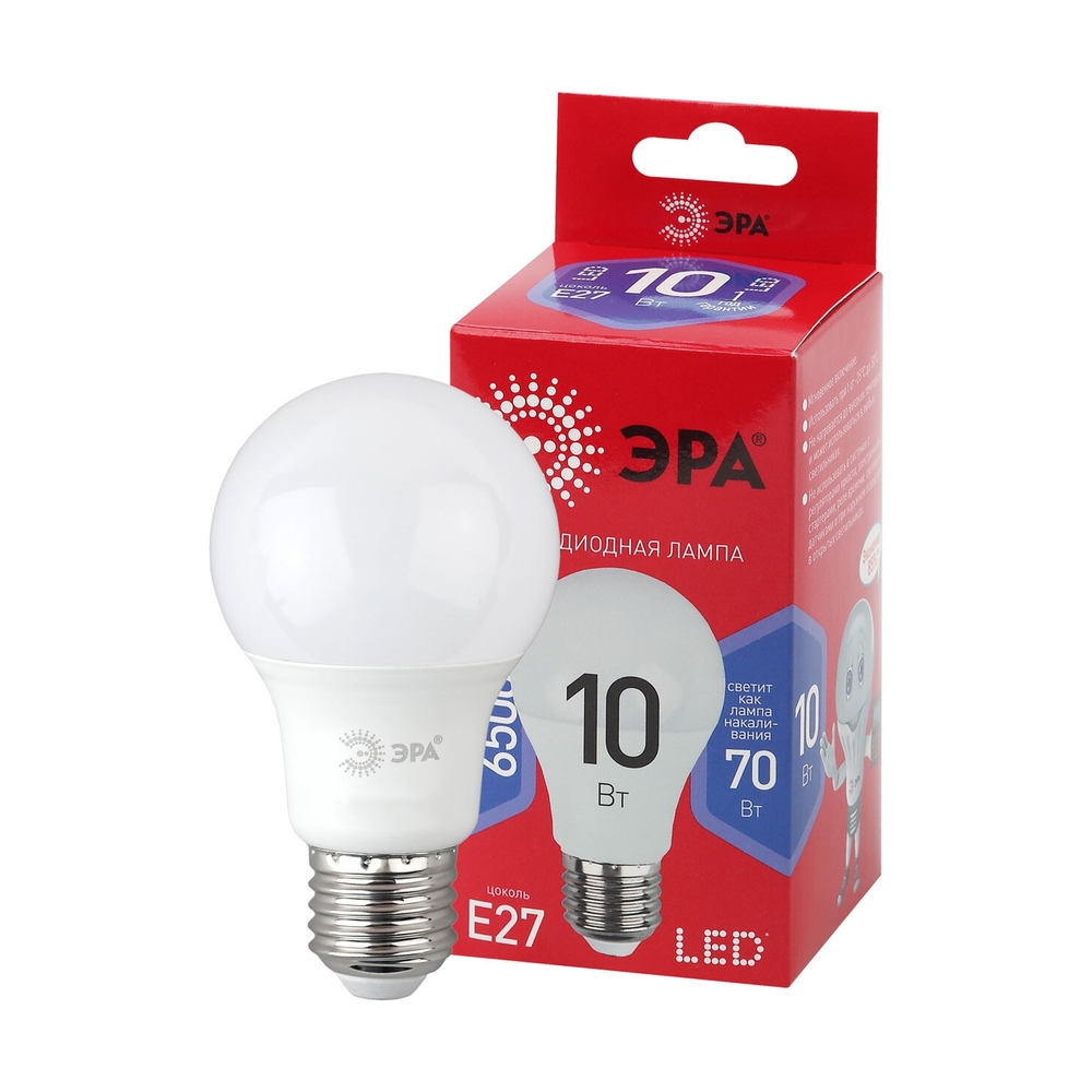 Лампа светодиодная ЭРА RED LINE LED A60-10W-865-E27, холодный - фото