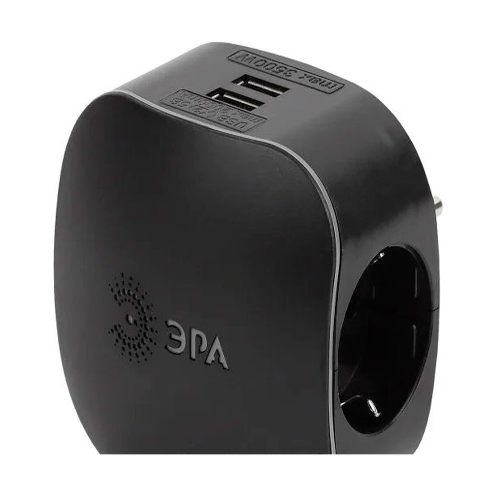 Разветвитель электрический ЭРА SP-3e-USB-BLACK на 3 розетки + 2 USB с/з со шторками 16А черный - фото