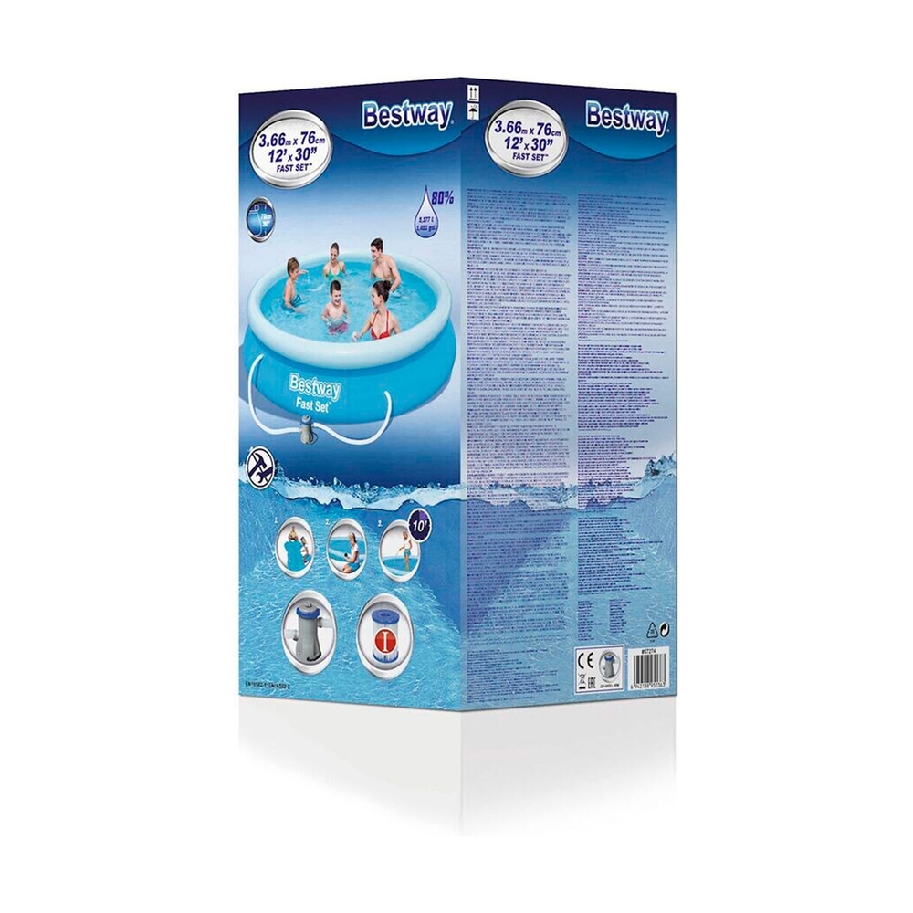 Семейный надувной бассейн Fast Set 366 х 76 см, BESTWAY, 57274, Винил, 5377 л., Ф-насос 58381 (1249л/ч), Голубой, Цветная коробка - фото 3