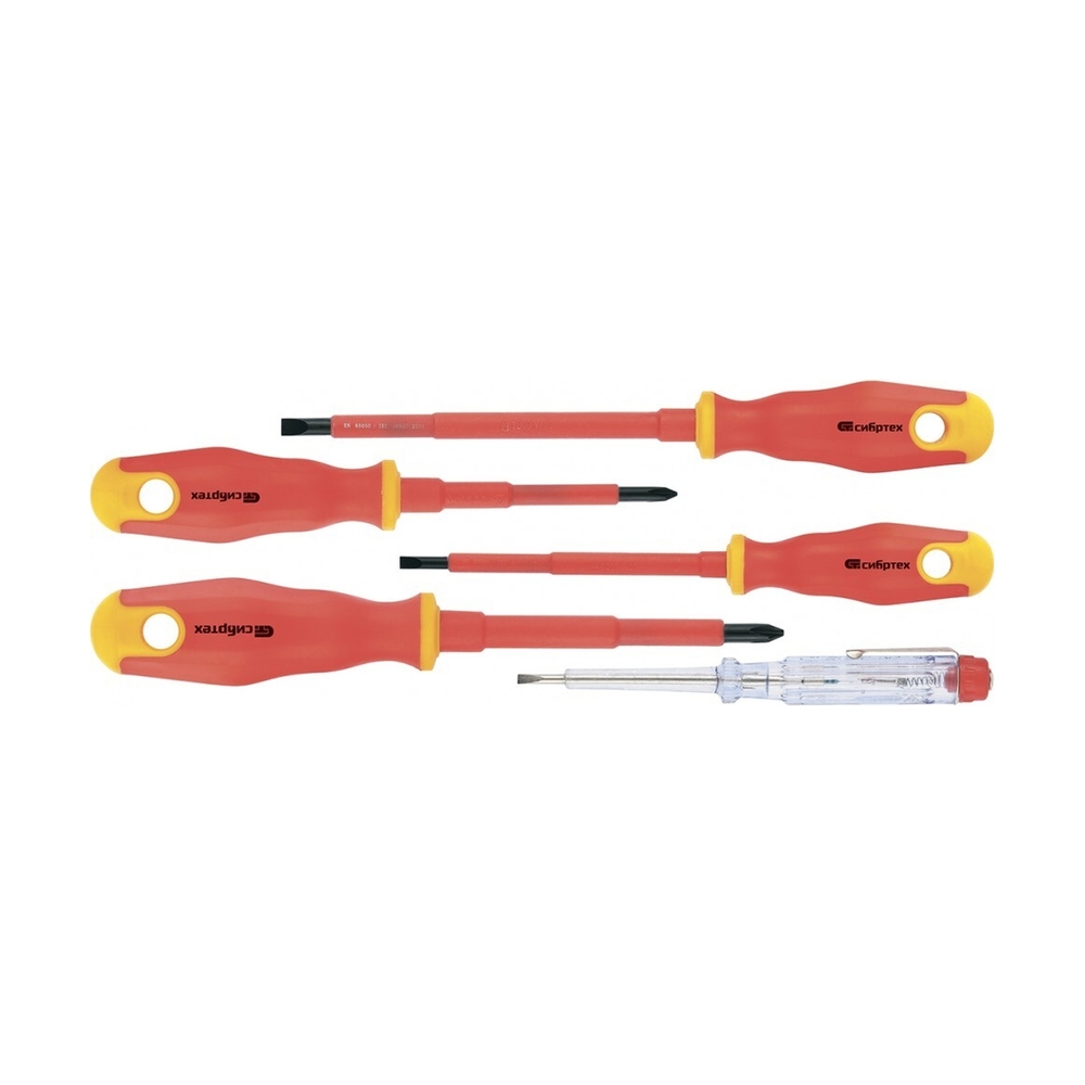 Набор диэлектрических отверток Сибртех до 1000 В, тестер, CrV, двухкомпонентные рукоятки, 5 предм - фото