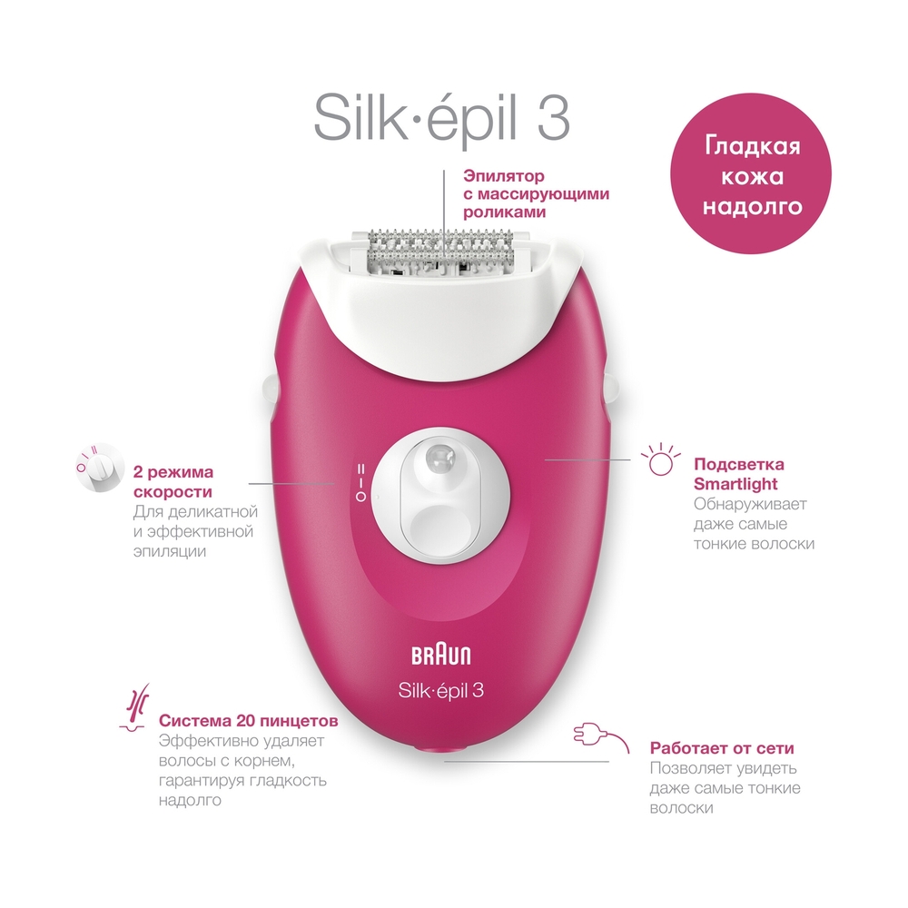 Эпилятор Braun Silk-épil 3 3-420, сухая эпиляция, с триммером для бикини и подсветкой, малиновый - фото 3