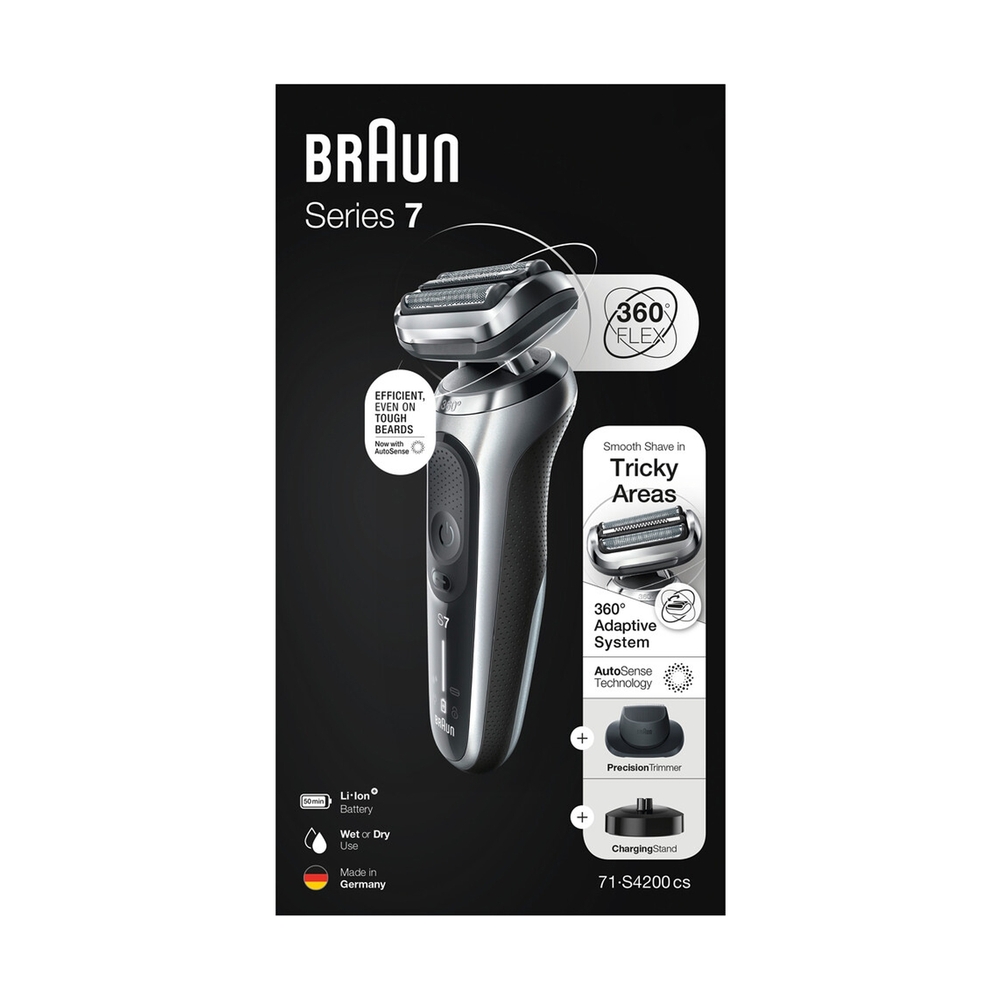 Электробритва Braun Series 7 71-S4200cs, сухое/влажное бритьё, зарядная станция, насадка, серебристая - фото 14