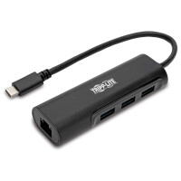 Адаптер TrippLite/3-Port USB-C Hub with LAN Port, USB-C to 3x USB-A Ports and Gbe, USB 3.0, Black - фото