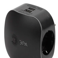 Разветвитель электрический ЭРА SP-3e-USB-BLACK на 3 розетки + 2 USB с/з со шторками 16А черный - фото