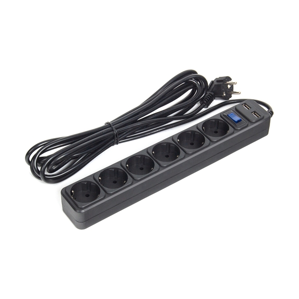 Сетевой фильтр, SVC, ZC6S-50M-USB, 6 розеток, 5 м, два USB-порта, чёрный - фото