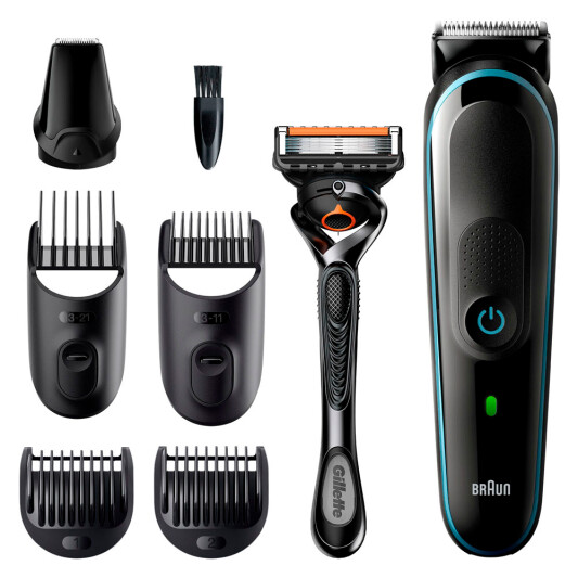 Триммер для бороды, усов и волос Braun MGK5345, 7 в 1, 5 насадок и бритва Gillette, сине-чёрный - фото