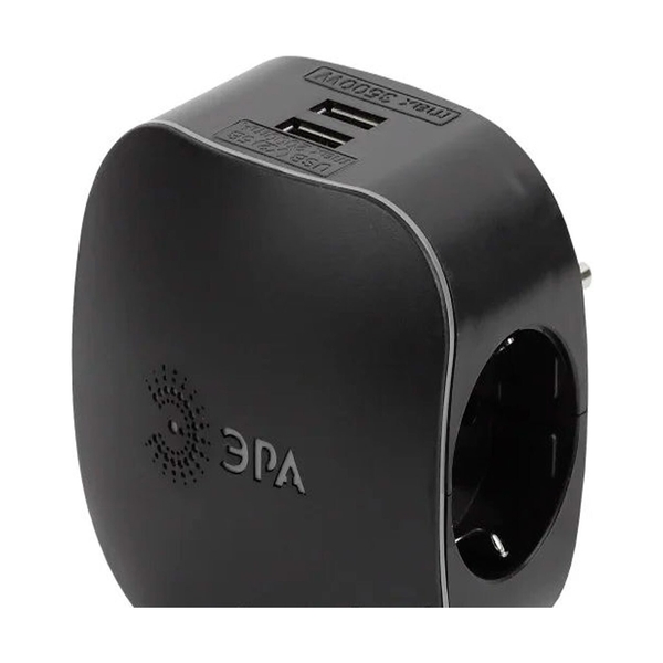 Разветвитель электрический ЭРА SP-3e-USB-BLACK на 3 розетки + 2 USB с/з со шторками 16А черный - фото