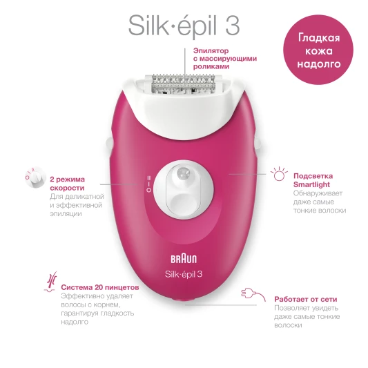 Эпилятор Braun Silk-épil 3 3-420, сухая эпиляция, с триммером для ...
