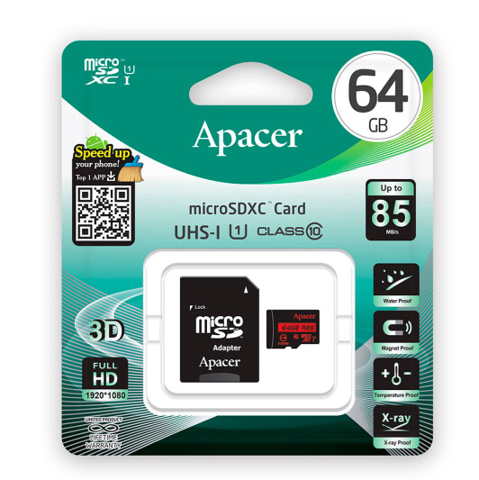 Карта памяти, Apacer, AP64GMCSX10U5-R, MicroSDXC 64GB, с адаптером SD - фото