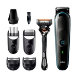 Триммер для бороды, усов и волос Braun MGK5345, 7 в 1, 5 насадок и бритва Gillette, сине-чёрный